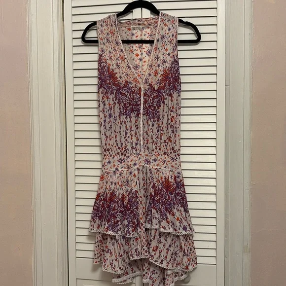 Poupette St. Barth White/Purple/Red Stars & Moons Print Tiered Dress Medium - Picture 1 of 6